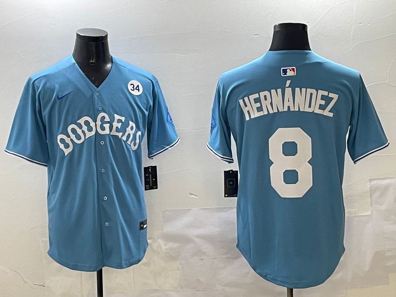 Men Los Angeles Dodgers #8 Hernandez Light Blue Throwback Game 2025 Nike MLB Jersey style 7->los angeles dodgers->MLB Jersey